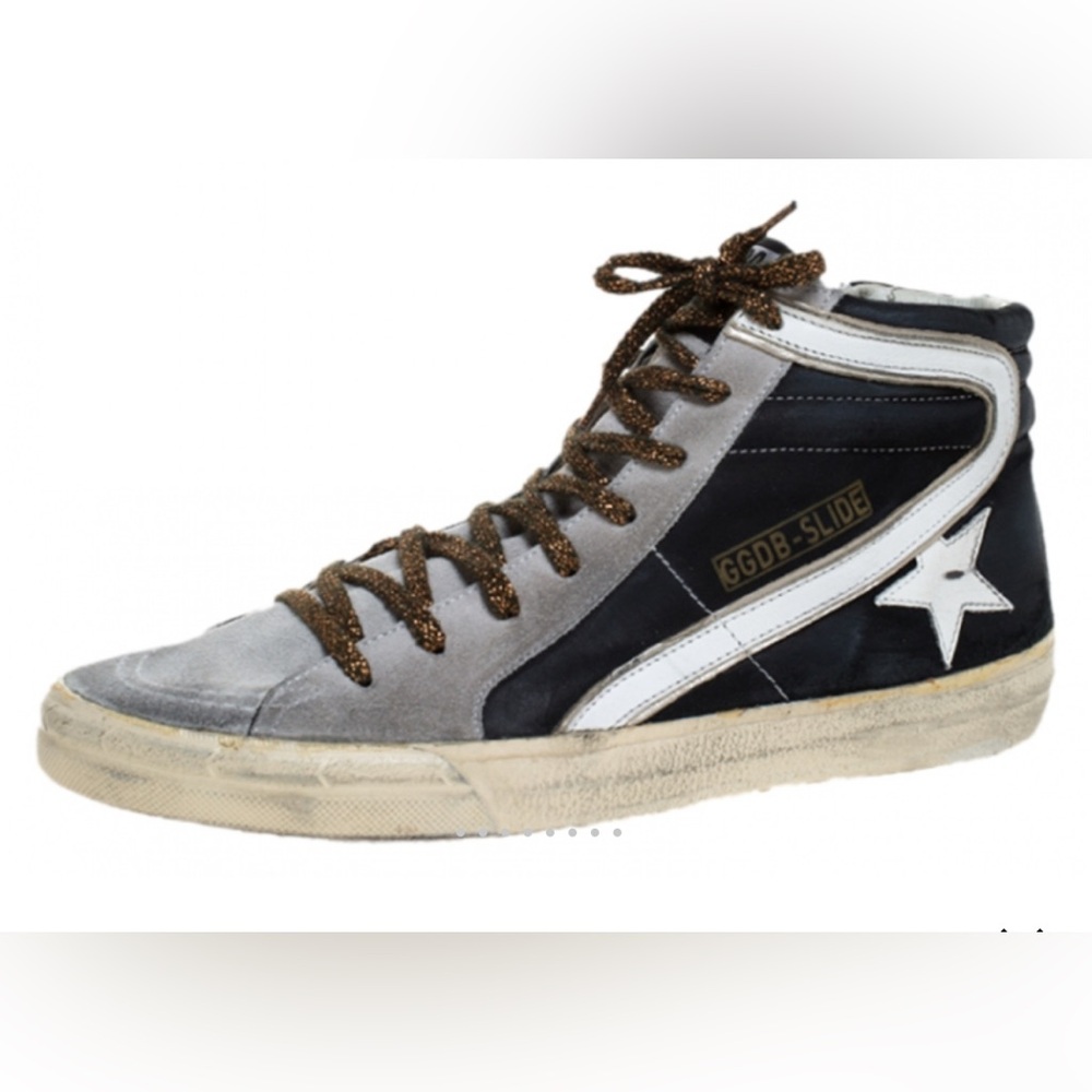GOLDEN GOOSE GGDB SLIDE Black/White/Grey Suede Sneakers Gold Laces EU:40 US:10